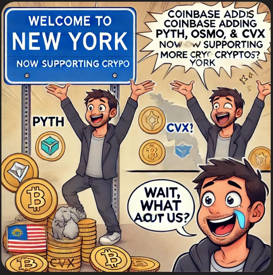 "Coinbase Expands in New York: PYTH, OSMO & CVX Now Available for Trading!"