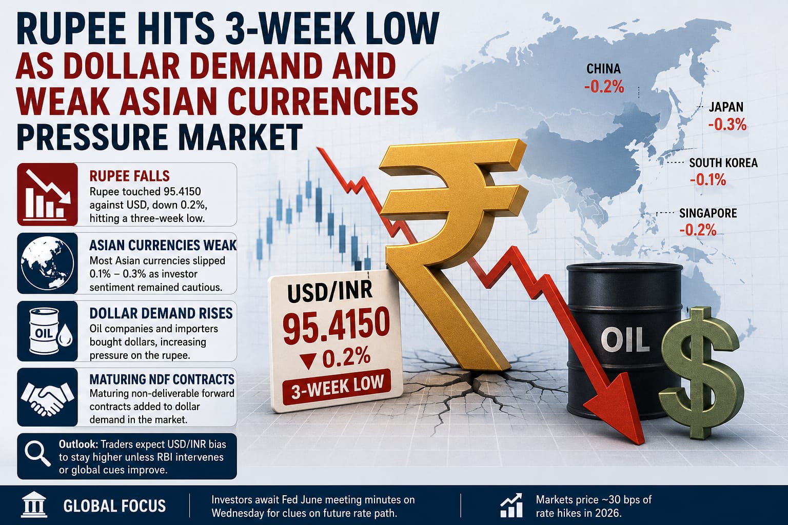 Rupee Hits Three-Week Low as Dollar Demand and Weak Asian Currencies Pressure Market